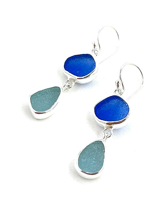 Blue and Aqua Sea Glass Open Back Double Drop Earrings