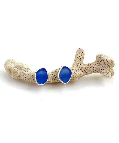 Blue Sea Glass Natural Shape Post Earrings