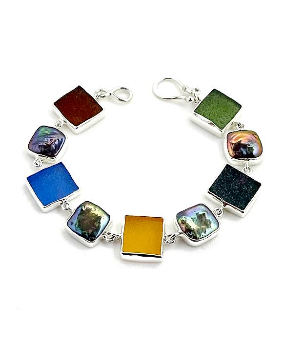 Earth Tone Sea Glass with Square Pearl Bracelet - 7 1/2