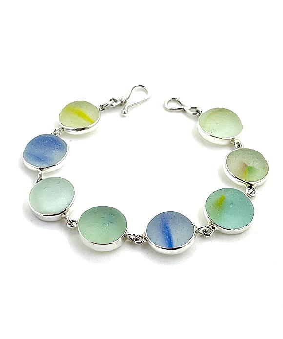 Light Green and Blue Stripe Sea Glass Marble Bracelet - 7 1/2