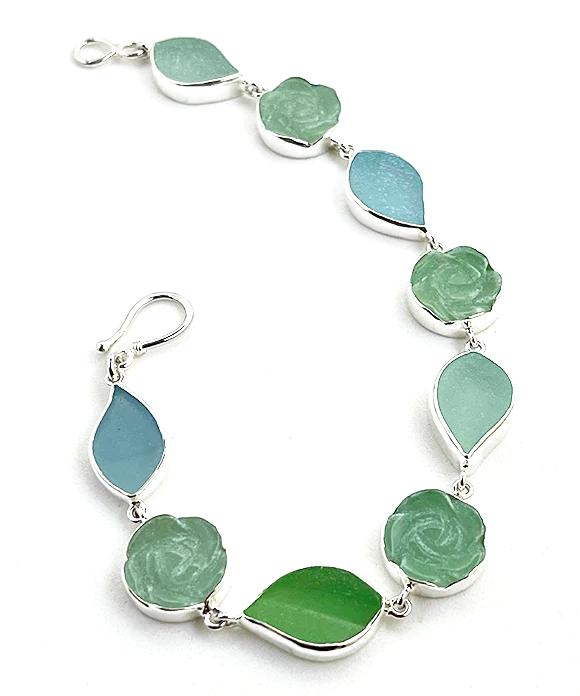 Soft Green and Aqua Sea Glass Leaves and Stone Flower Bracelet- 9
