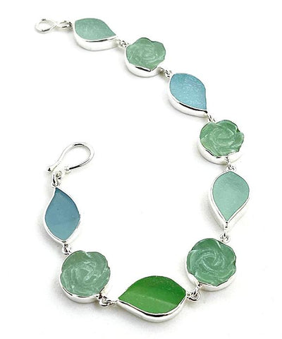 Soft Green and Aqua Sea Glass Leaves and Stone Flower Bracelet- 9