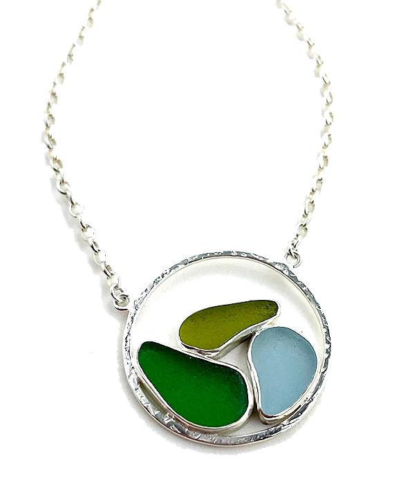 Olive, Green and Aqua Sea Glass Hoop Necklace