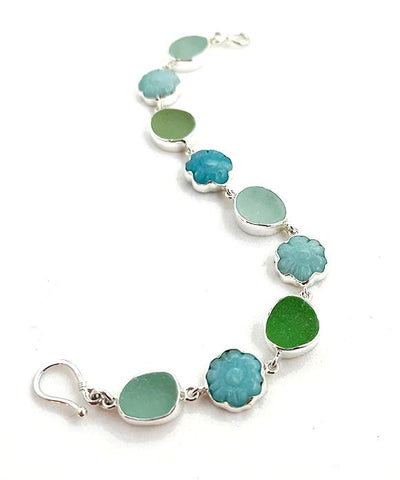 Soft Green and Aqua Sea Glass and Stone Flower Bracelet- 7 1/2