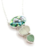 Abalone with Textured Clear & Aqua Sea GLass Triple Drop Barbell Necklace