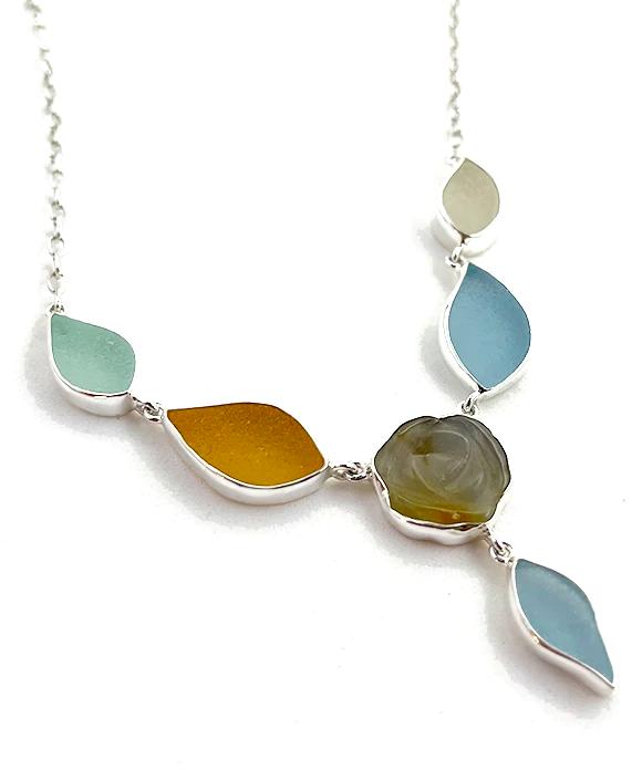 Sea Glass Earth Tone Leaves with Stone Flower 6 Piece Necklace