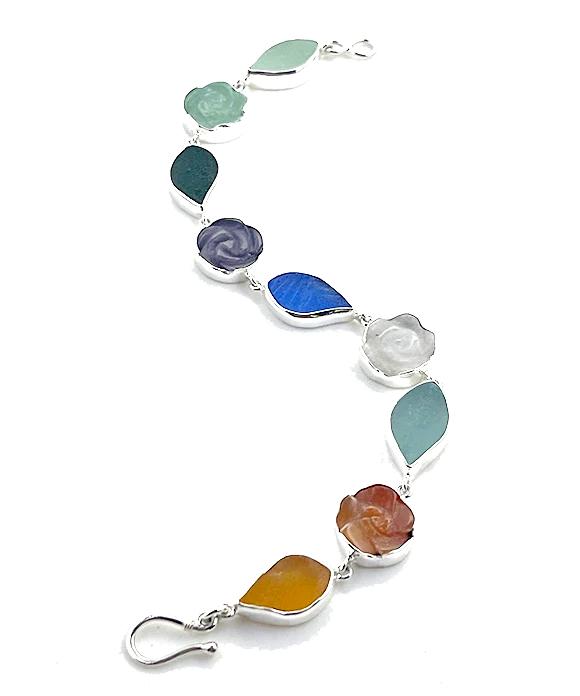 Earth Tone Sea Glass and Stone Flower Bracelet- 9