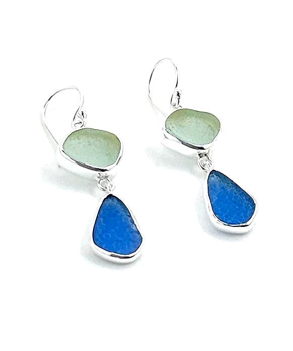 Soft Aqua & Textured Blue Sea Glass Open Back Double Drop Earrings