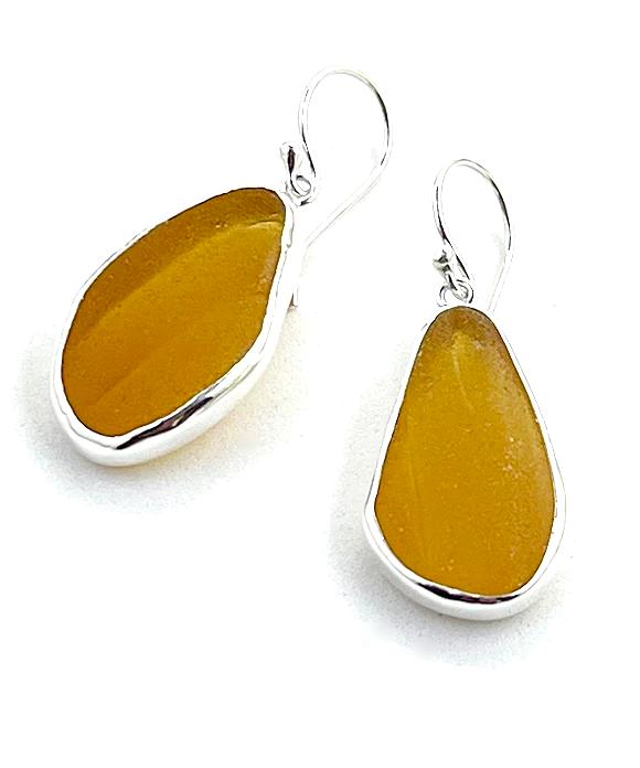 Large textured Amber Sea Glass Open Back Drop Earrings
