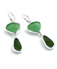 Textured Green & Olive Sea Glass Open Back Double Drop Earrings