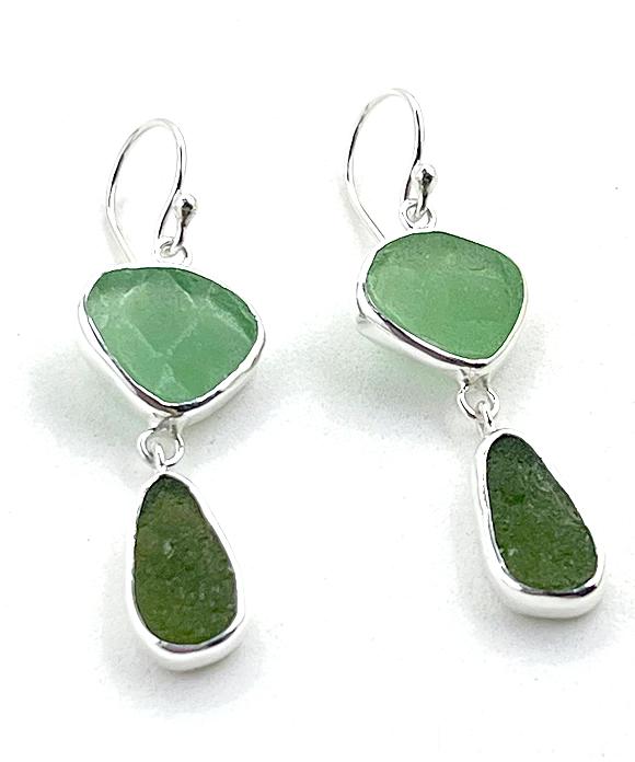 Textured Green & Olive Sea Glass Open Back Double Drop Earrings