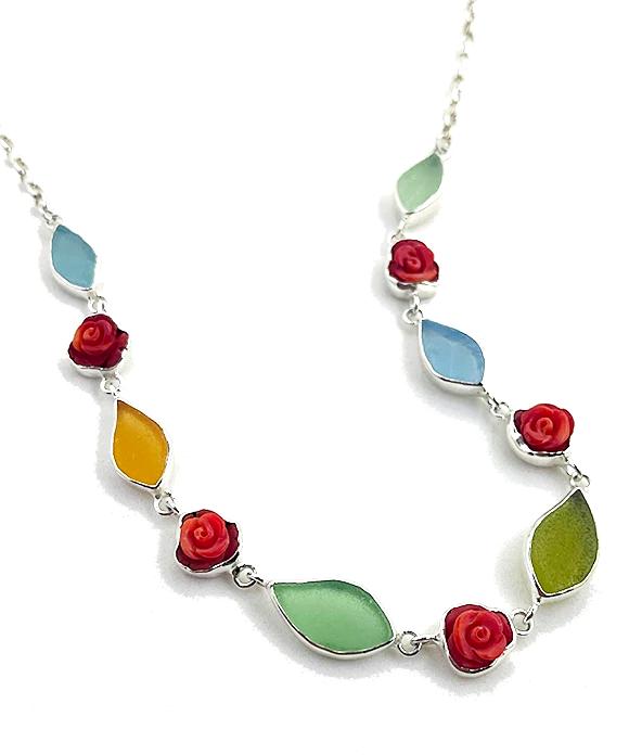 Multi Color Sea Glass Leaves with Carved Coral Roses 11 Piece Necklace