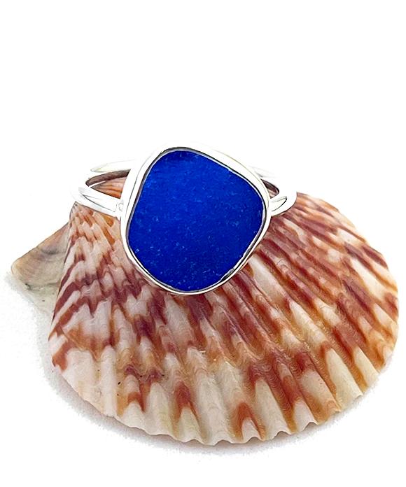 Cobalt Blue Sea Glass Ring Simple Round Band - Size 9