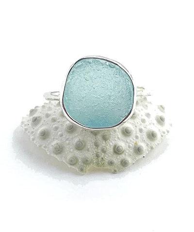 Light Aqua Sea Glass Ring Simple Round Band - Size 6