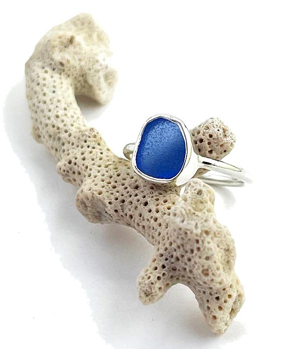 Blue Sea Glass Ring Simple Round Band - Size 7