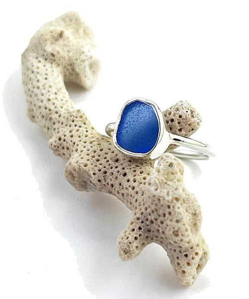 Blue Sea Glass Ring Simple Round Band - Size 7