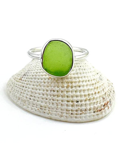 Lime Green Sea Glass Ring Simple Round Band - Size 10