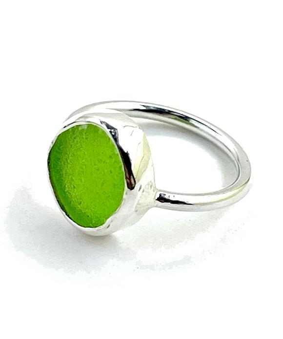 Lime Green Sea Glass Ring Simple Round Band - Size 6