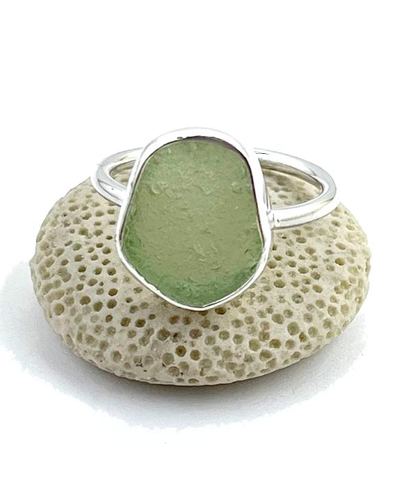 Soft Olive Green Sea Glass Ring Simple Round Band - Size 9