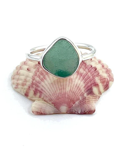 Jade Green Sea Glass Ring Simple Round Band - Size 10