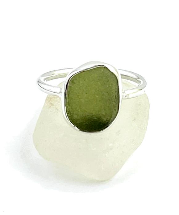 Olive Sea Glass Ring Simple Round Band - Size 7