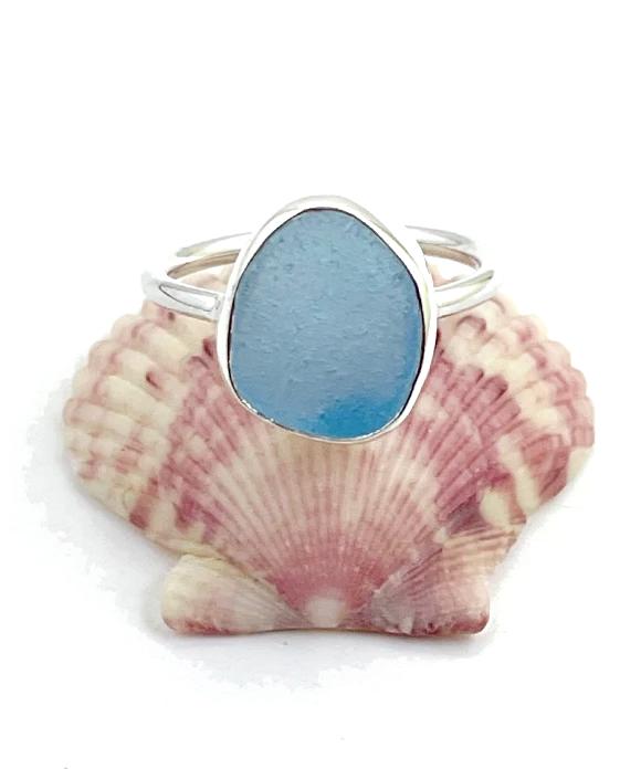 Light Aqua Sea Glass Ring Simple Round Band - Size 9