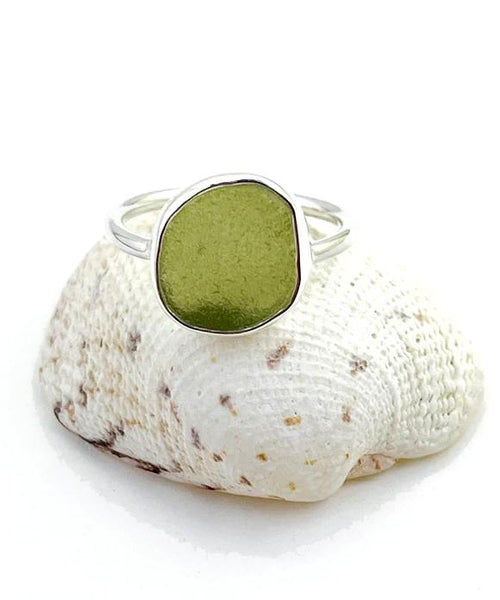 Olive Green Sea Glass Ring Simple Round Band - Size 6.5