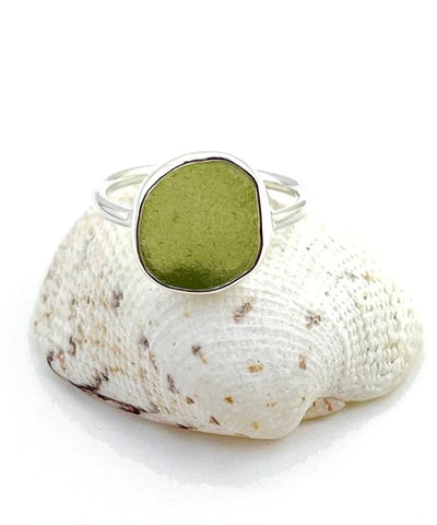 Olive Green Sea Glass Ring Simple Round Band - Size 6.5