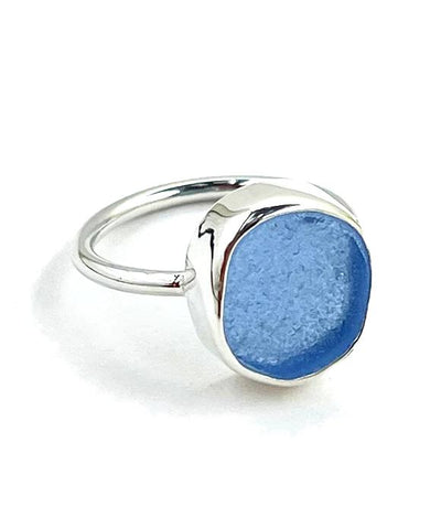 Blue Sea Glass Ring Simple Round Band - Size 8