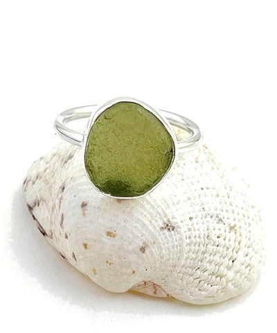 Olive Sea Glass Ring Simple Round Band - Size 8