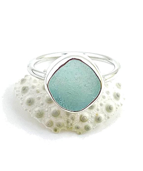 Soft Aqua Sea Glass Ring Simple Round Band - Size 9