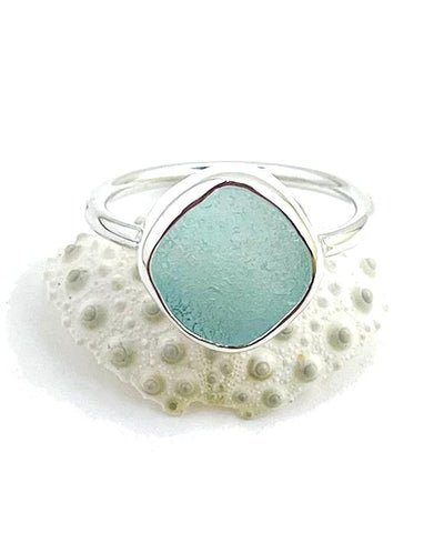 Soft Aqua Sea Glass Ring Simple Round Band - Size 9