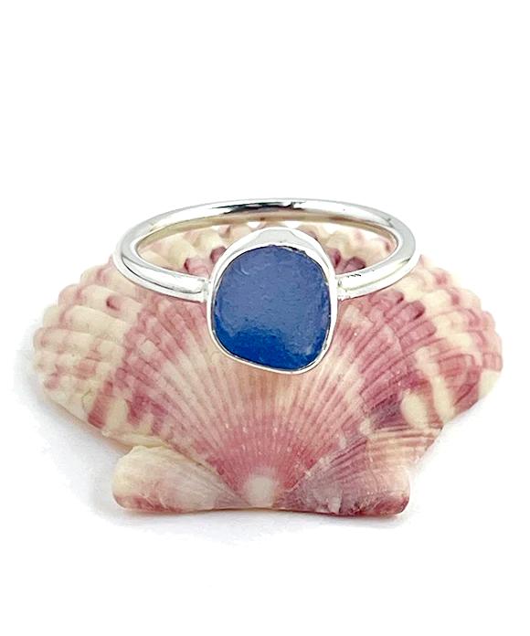 Blue Sea Glass Ring Simple Round Band - Size 7