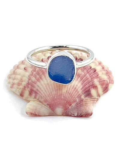 Blue Sea Glass Ring Simple Round Band - Size 7