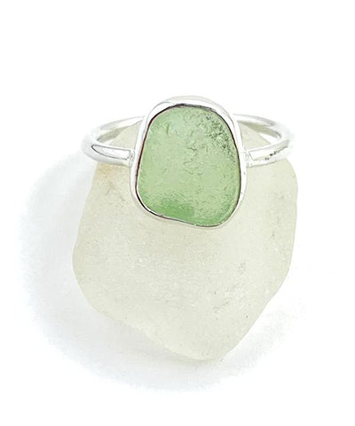 Light Green Sea Glass Ring Simple Round Band - Size 7.5