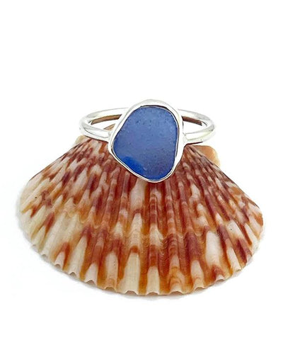Blue Sea Glass Ring Simple Round Band - Size 7.5