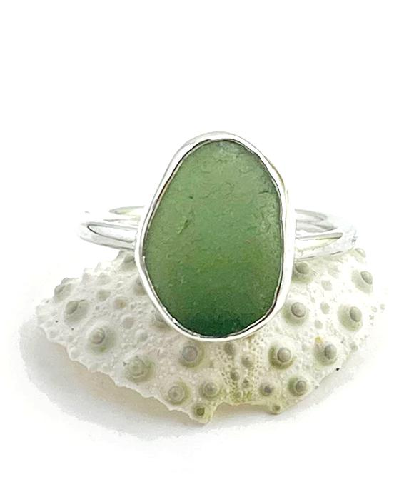 Olive Sea Glass Ring Simple Round Band #2 - Size 8