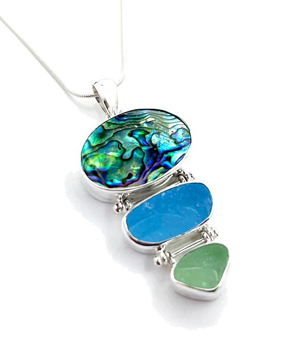 Abalone with Bright Aqua and Soft Green Sea Glass Triple Drop Barbell Pendant