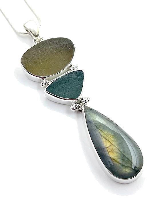 Olive & Dark Grey Sea Glass with Labradorite Triple Drop Barbell Pendant