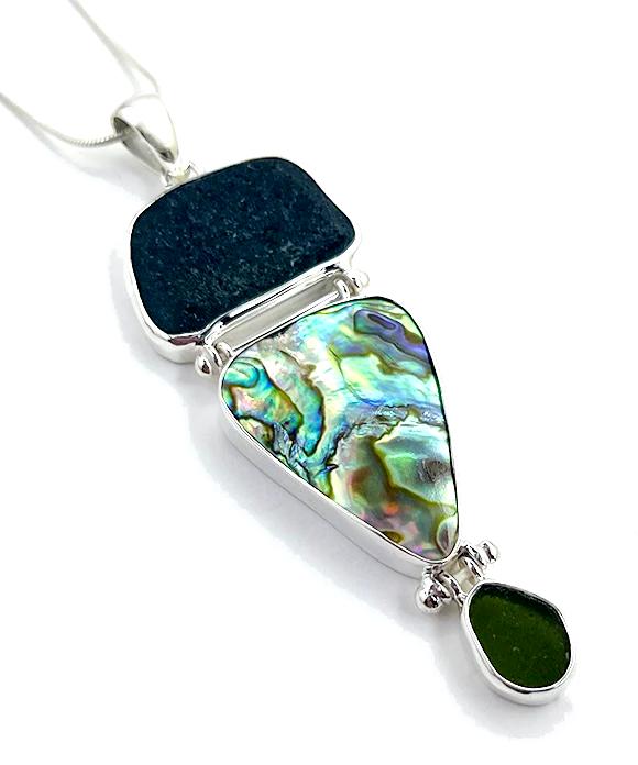 Dark Grey & Olive Sea Glass with Abalone Triple Drop Barbell Pendant