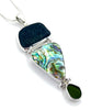 Dark Grey & Olive Sea Glass with Abalone Triple Drop Barbell Pendant