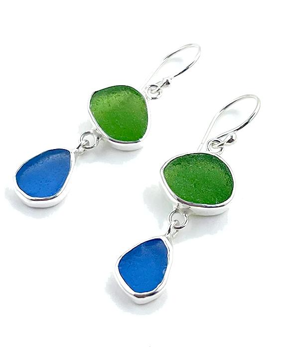 Green & Blue Sea Glass Open Back Double Drop Earrings