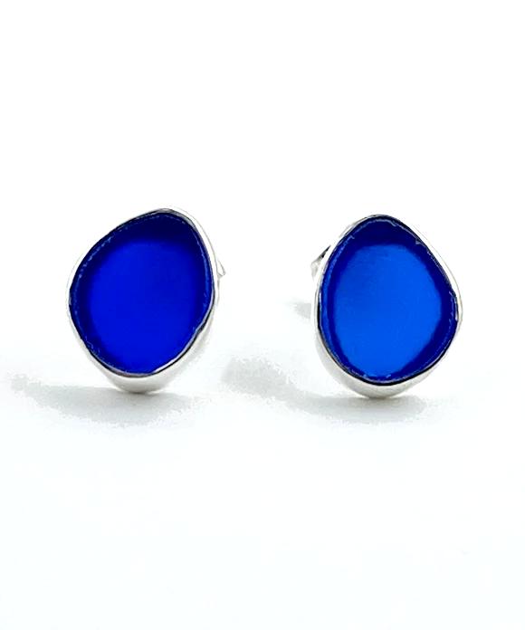Cobalt Blue Sea Glass Natural Shape Post Earrings