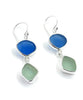 Blue and Soft Aqua Sea Glass Open Back Double Drop Earrings