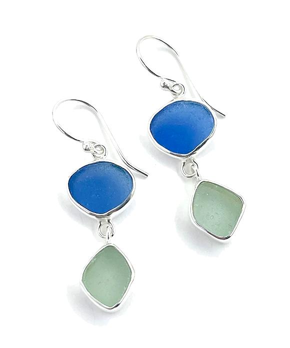 Blue and Soft Aqua Sea Glass Open Back Double Drop Earrings