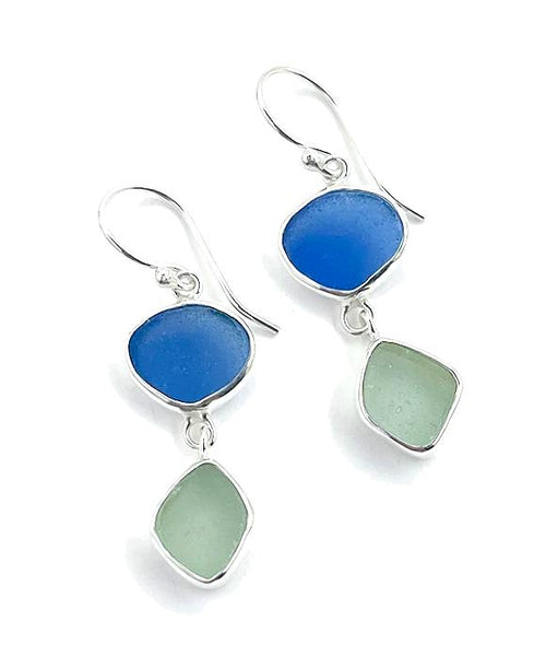 Blue and Soft Aqua Sea Glass Open Back Double Drop Earrings