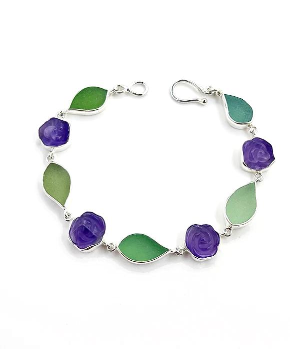 Olive, Green and Aqua Sea Glass and Amethyst Flower Bracelet #2- 8 1/2