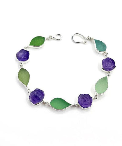Olive, Green and Aqua Sea Glass and Amethyst Flower Bracelet #2- 8 1/2