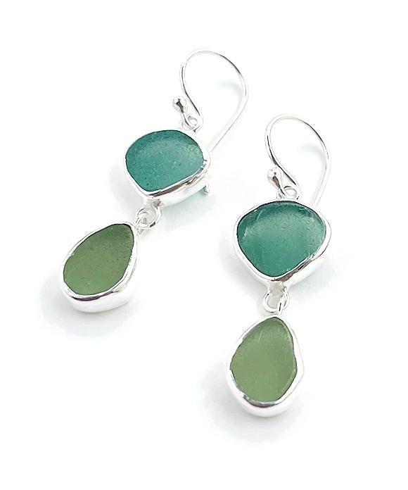 Jade and Olive Sea Glass Open Back Double Drop Earrings