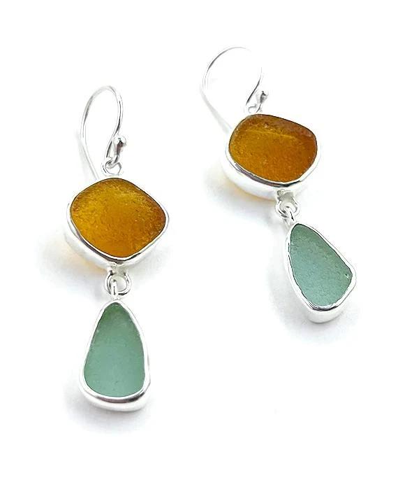 Amber & Aqua Sea Glass Open Back Double Drop Earrings